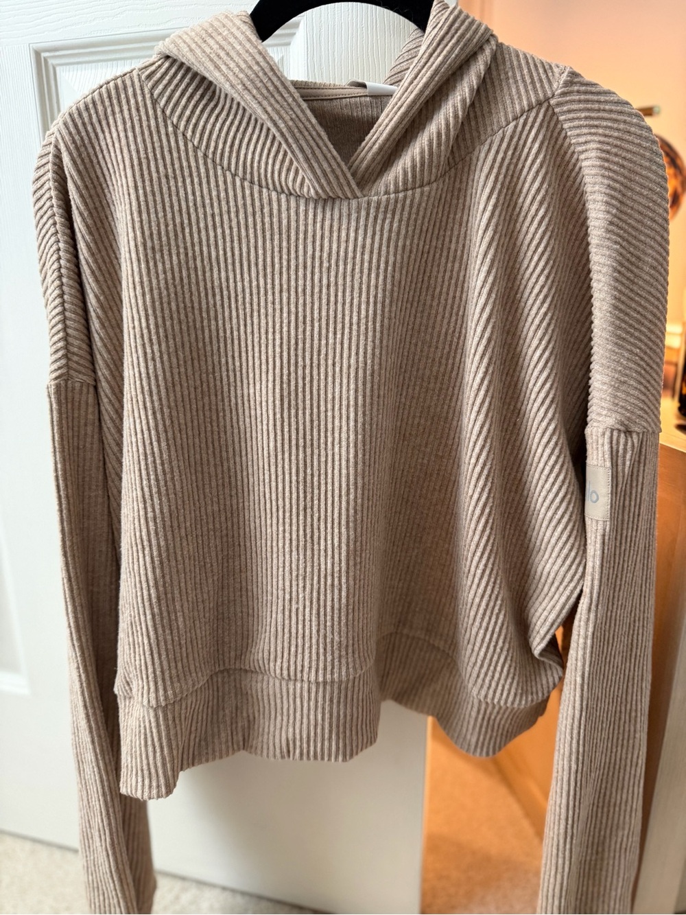 ALO Yoga Ribbed Hoodie Sweater in Beige
